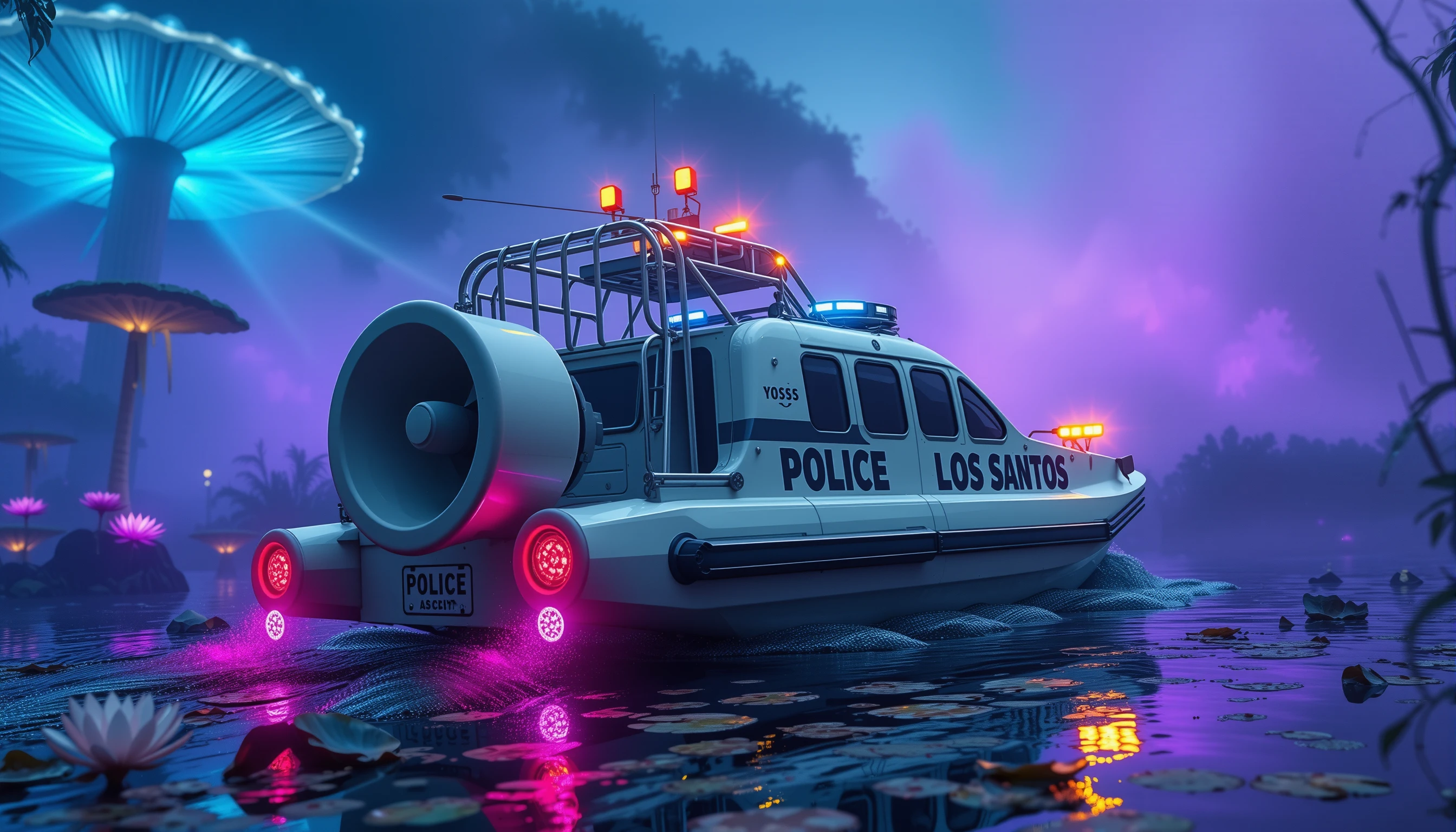 Gepanzertes Polizei-Luftkissenboot in einem leuchtenden Fantasy-Sumpf