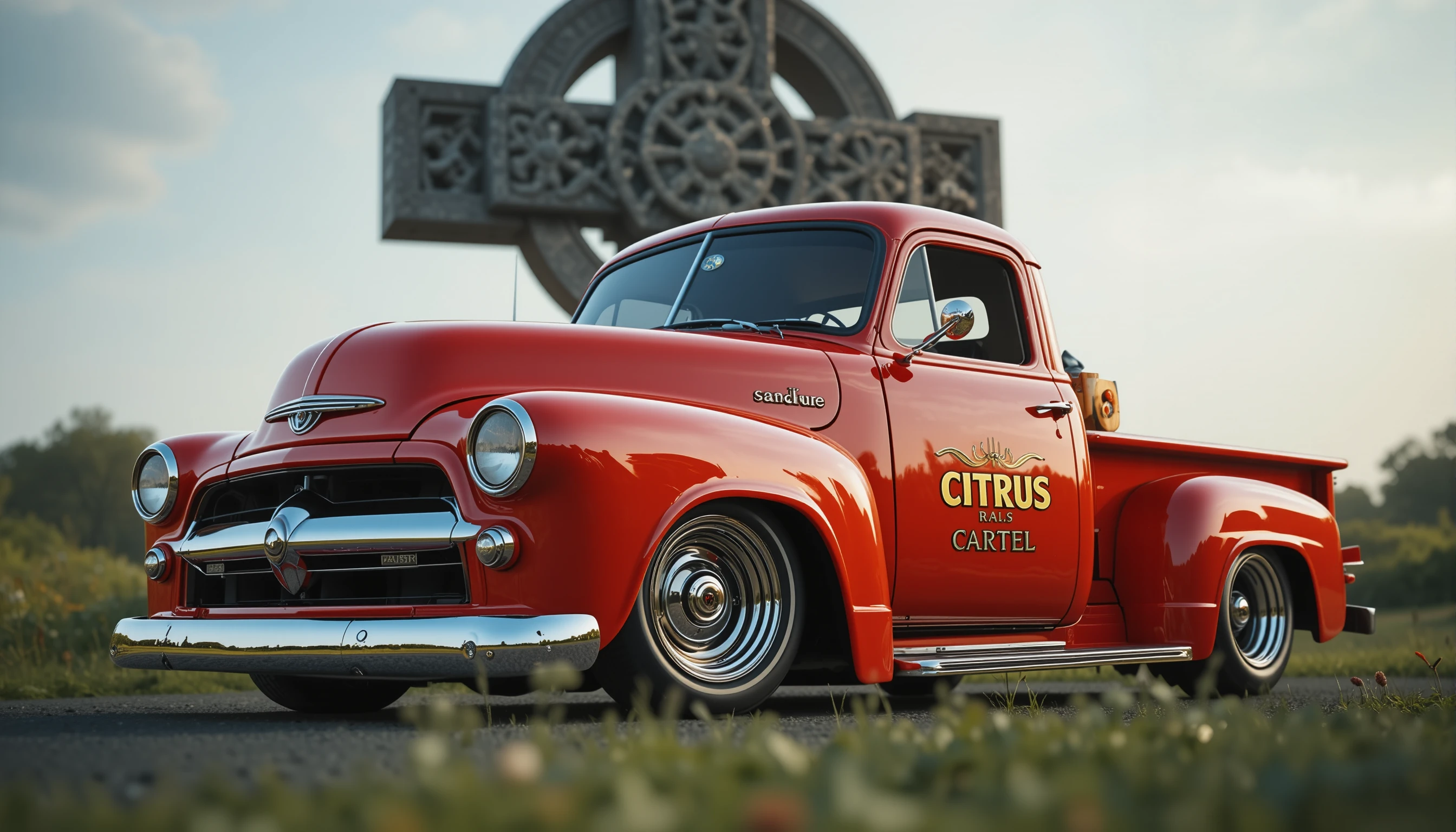 Glossy classic pickup truck at dutch angle before Celtic cross