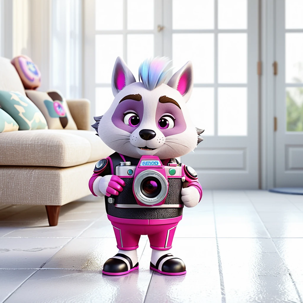 Full body mascot character standing in widescreen frame