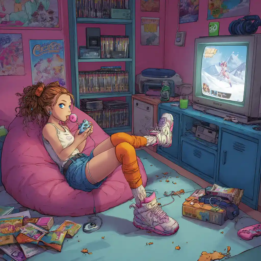 Relaxed anime gamer girl lounging by glowing crt tv