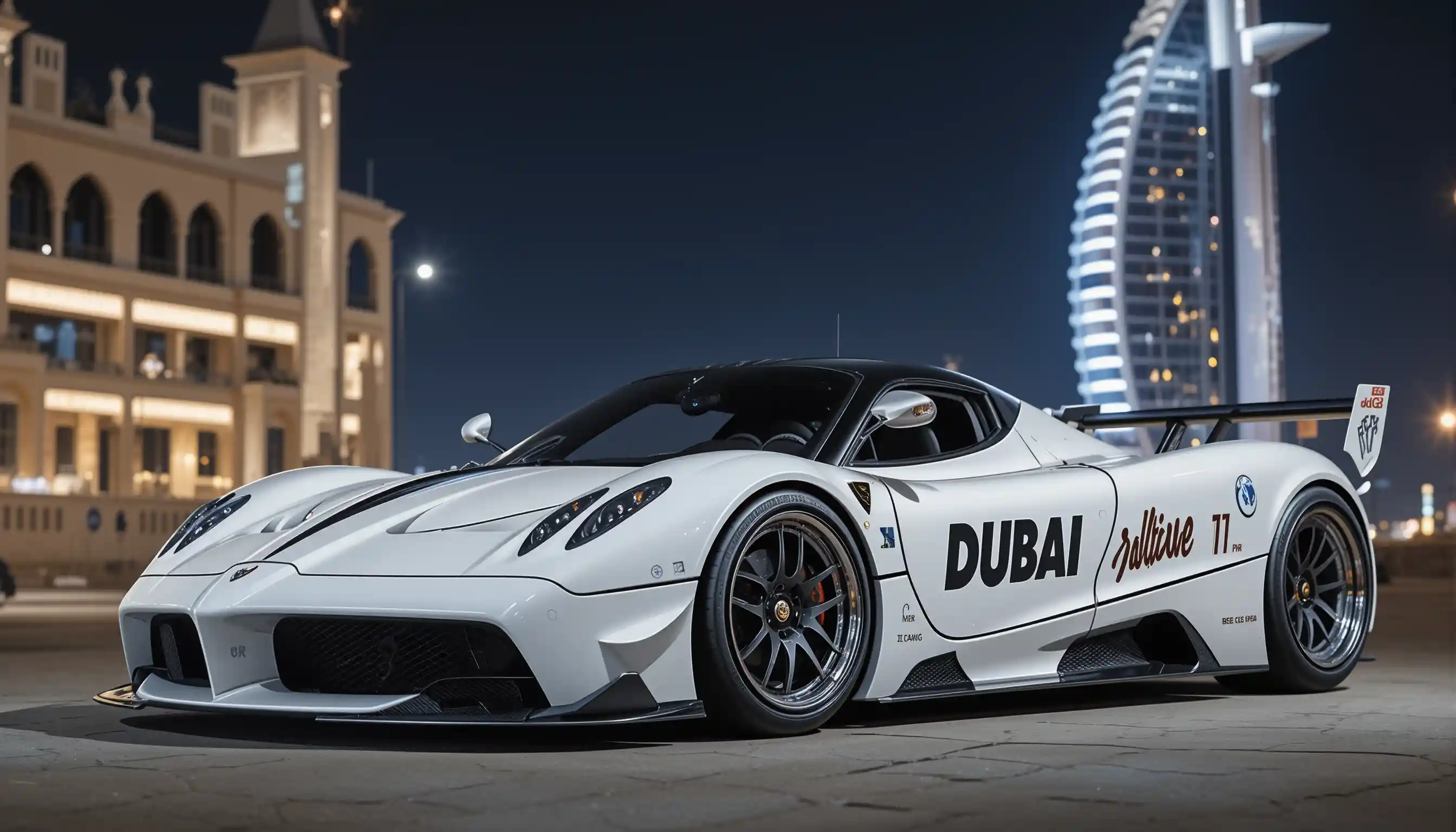 Superdeportivo policial Pagani Huayra blanco de noche en Dubái