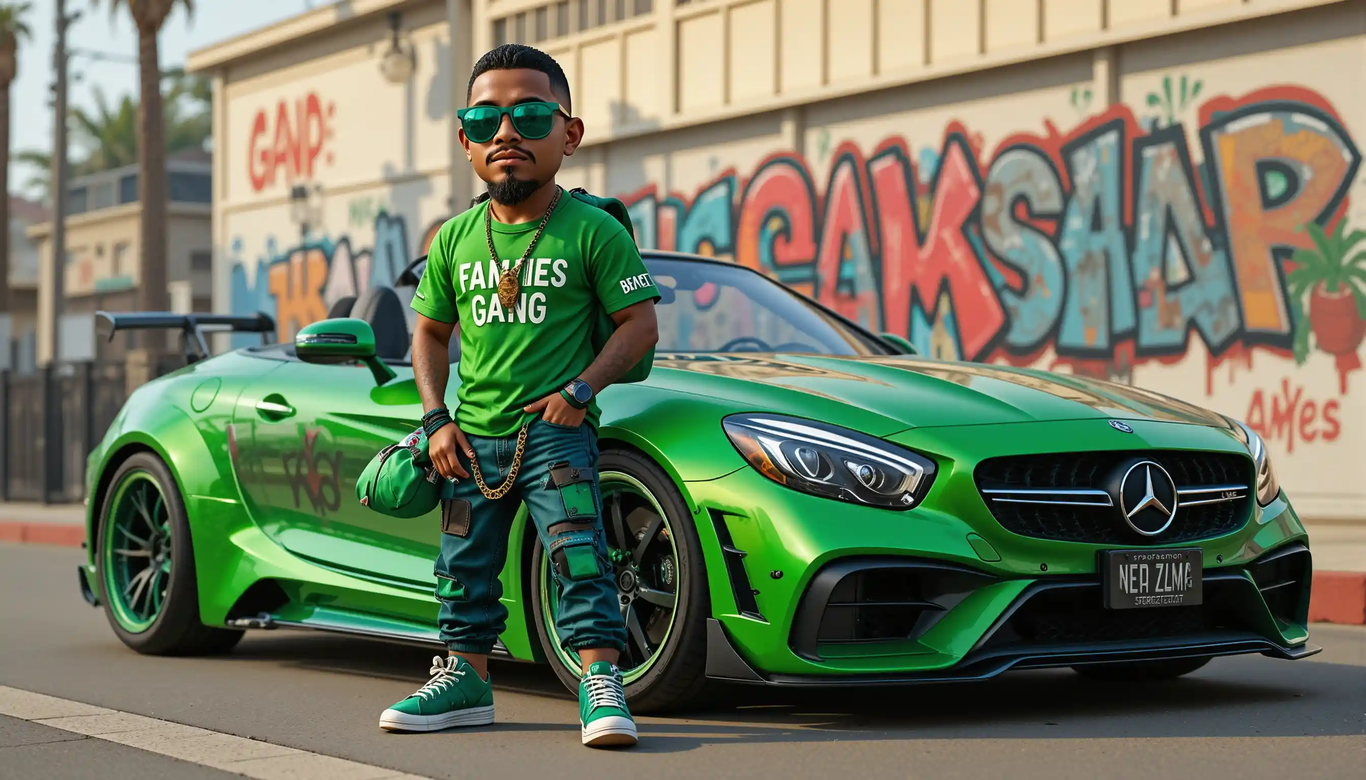 Stylized rapper with money bag beside custom green hypercar