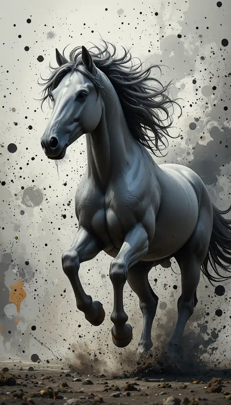 Wild grey horse galloping through abstract black and white splashes