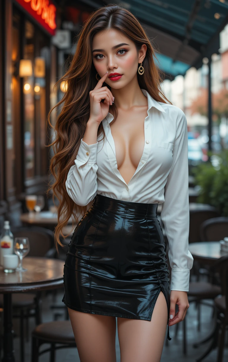 Brunette woman in mini skirt on outdoor cafe terrace