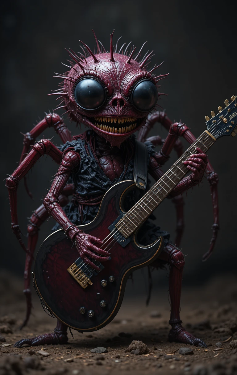 Burgundy spider grinning while playing a black electric guitar