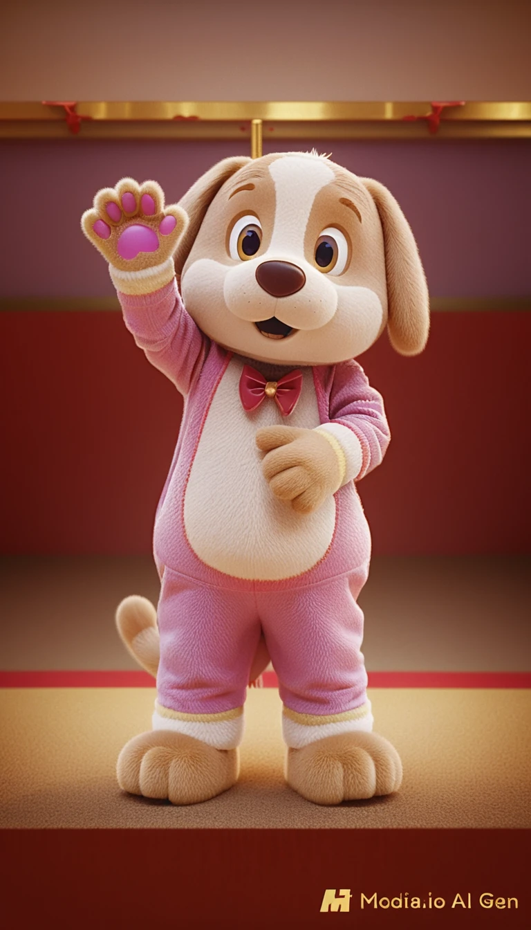 Full body mascot character standing in a widescreen frame