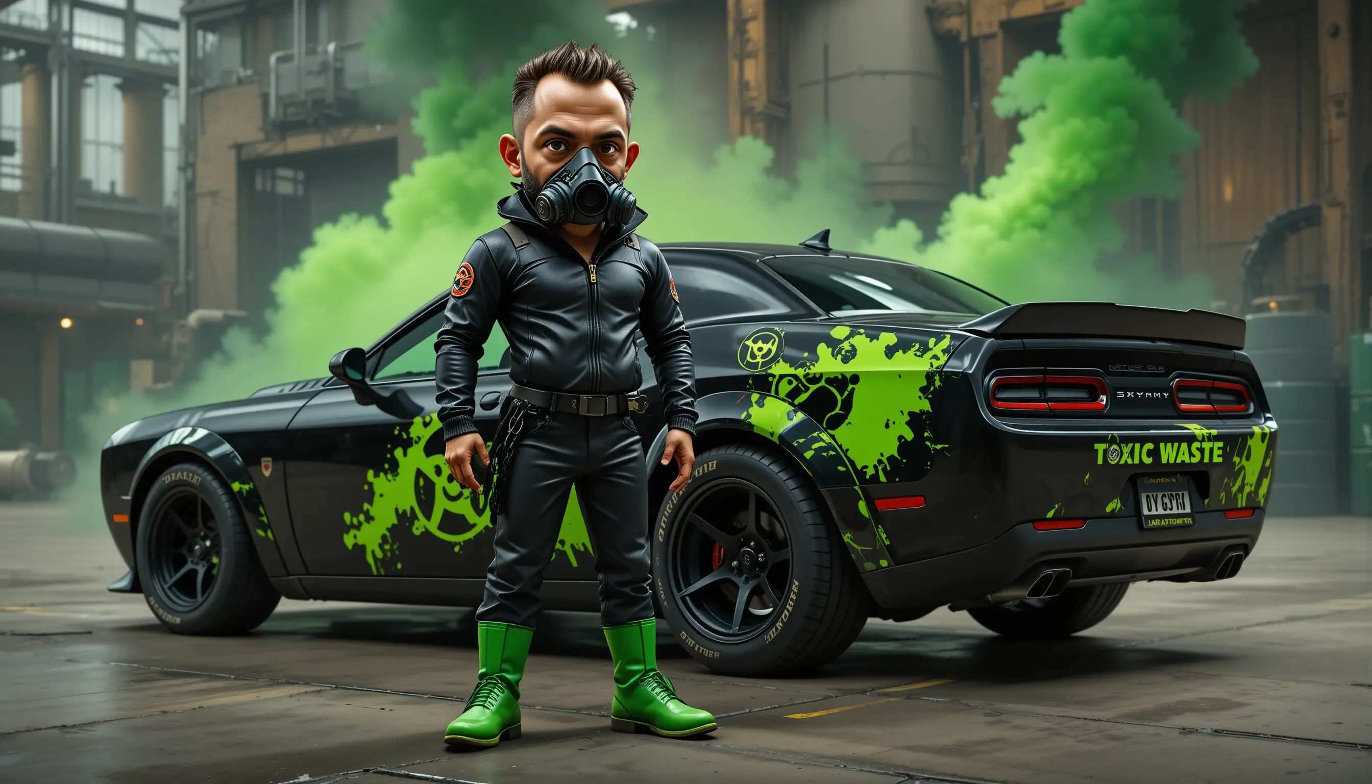 Gas mask man beside custom muscle car in factory