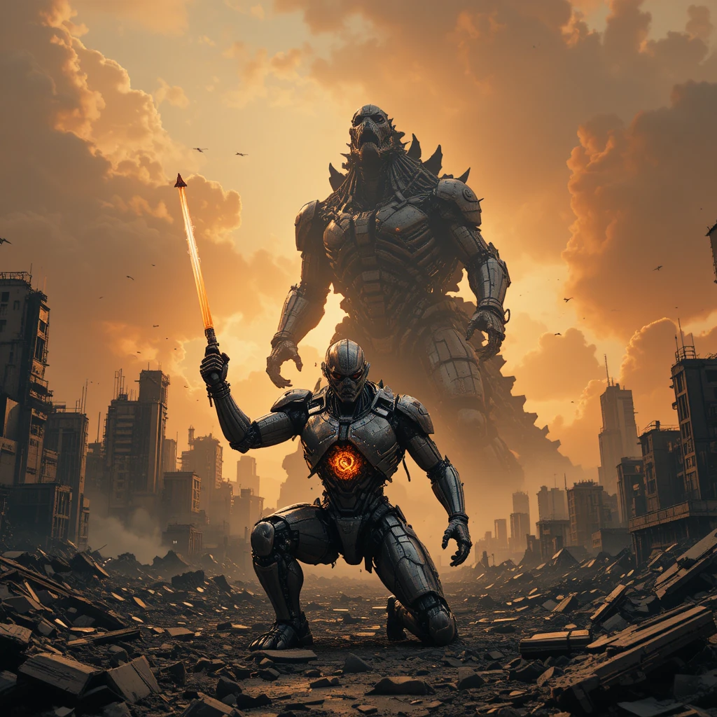 Damaged mech kneeling in ruins facing a colossal kaiju