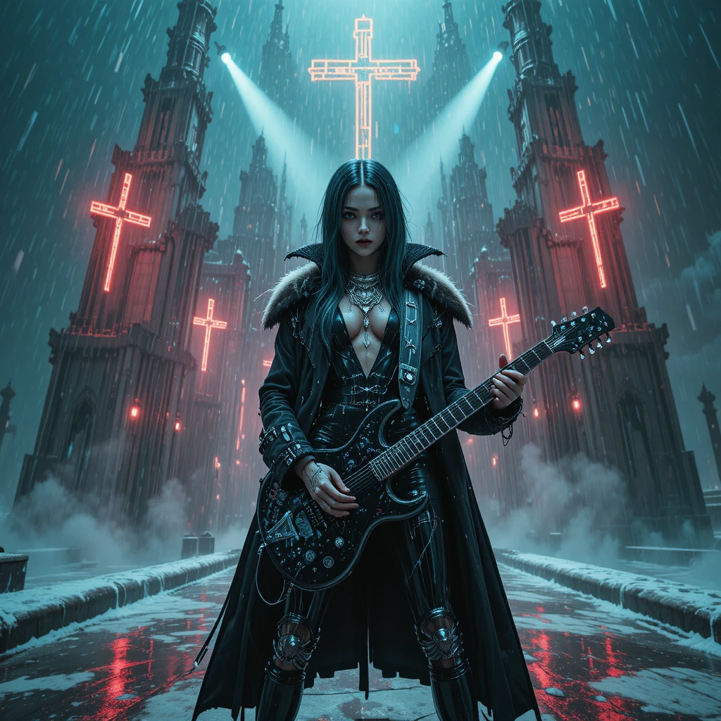 Cyberpunk guitarist on cathedral rooftop in radioactive storm