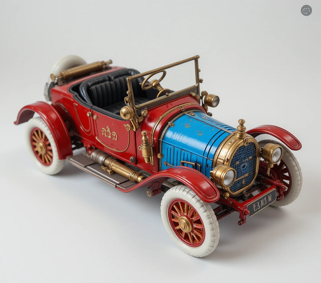 Vintage red toy car and robot on white background