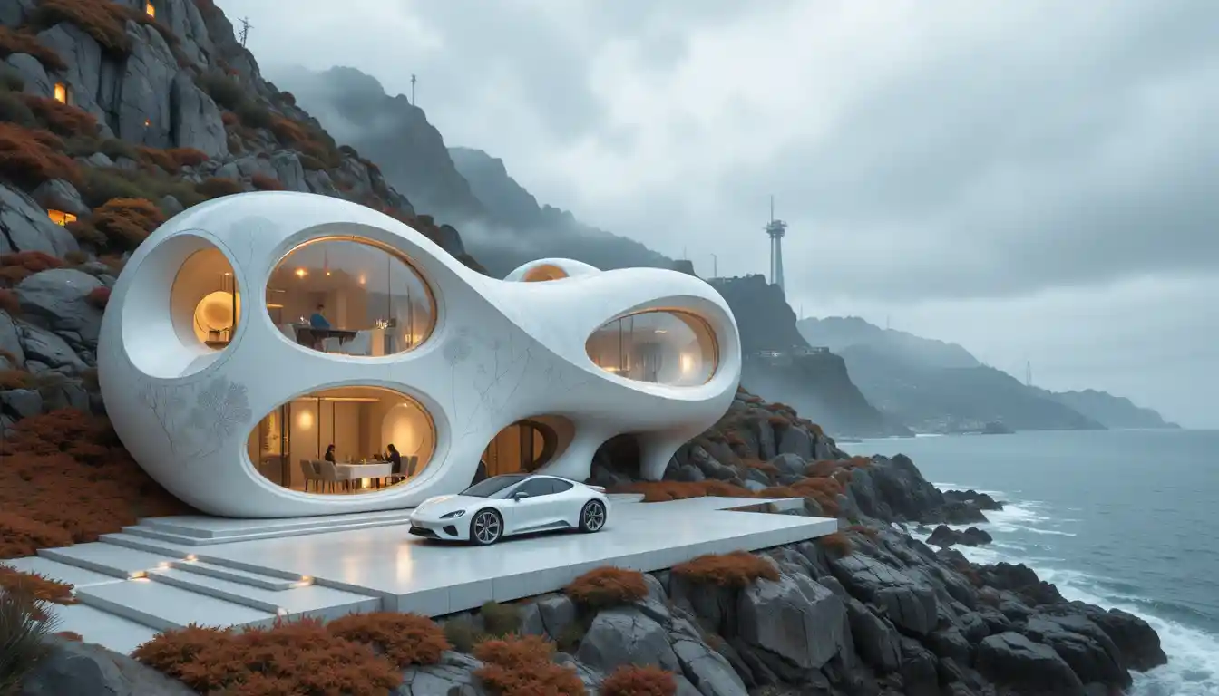 Abstract geometric tiles forming a flowing futuristic structure