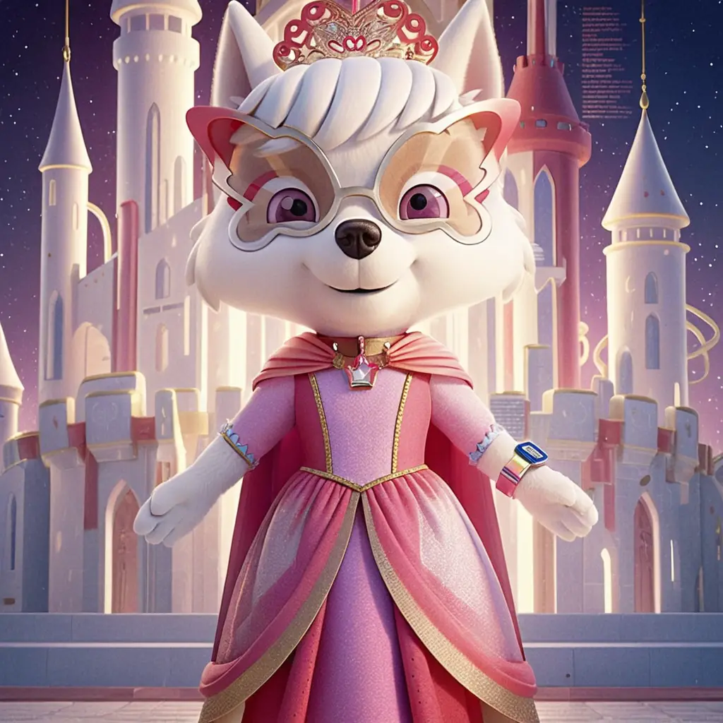 Dog mascot girl standing in front of a fantasy apple castle