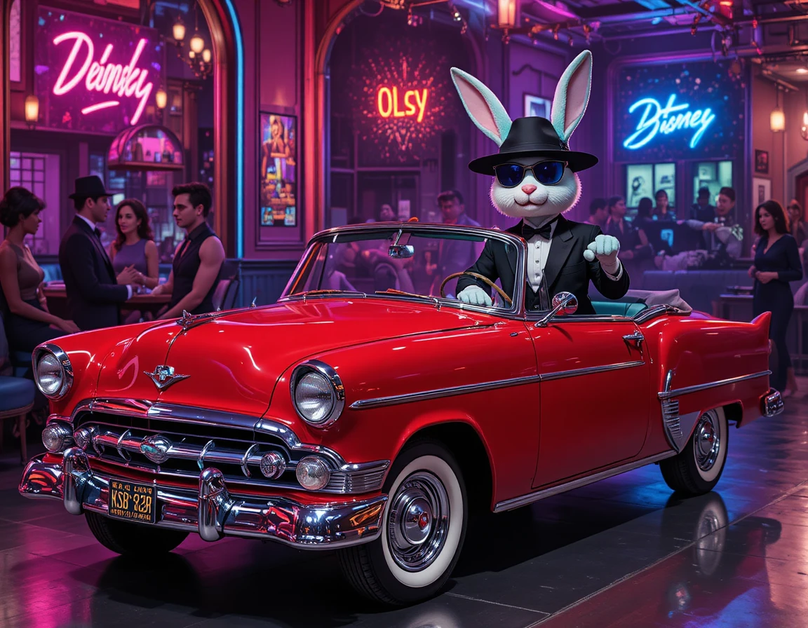 Anthropomorphic rabbit driving a red vintage car at night