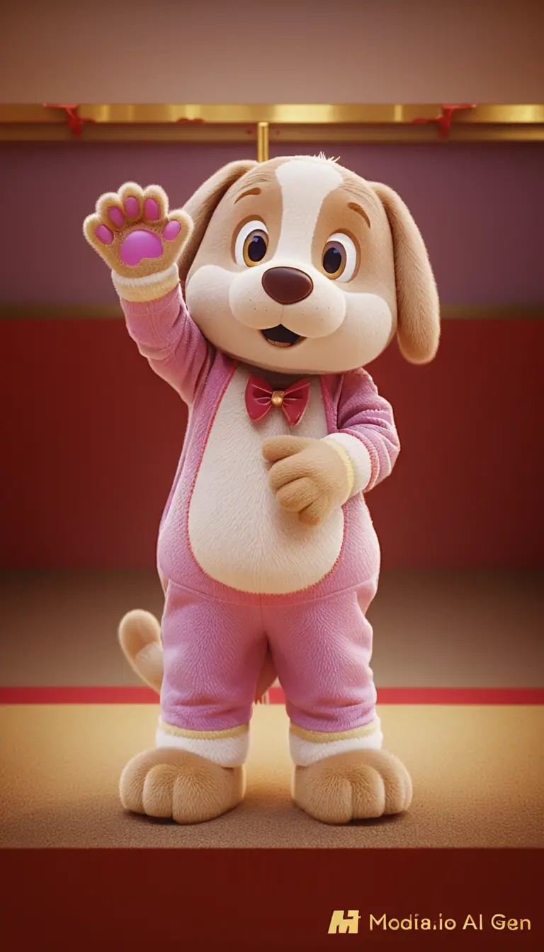 Full body mascot character standing in a widescreen frame