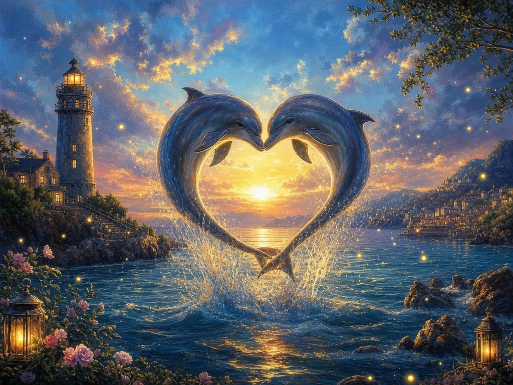 Two dolphins leaping from the sea forming a heart shape