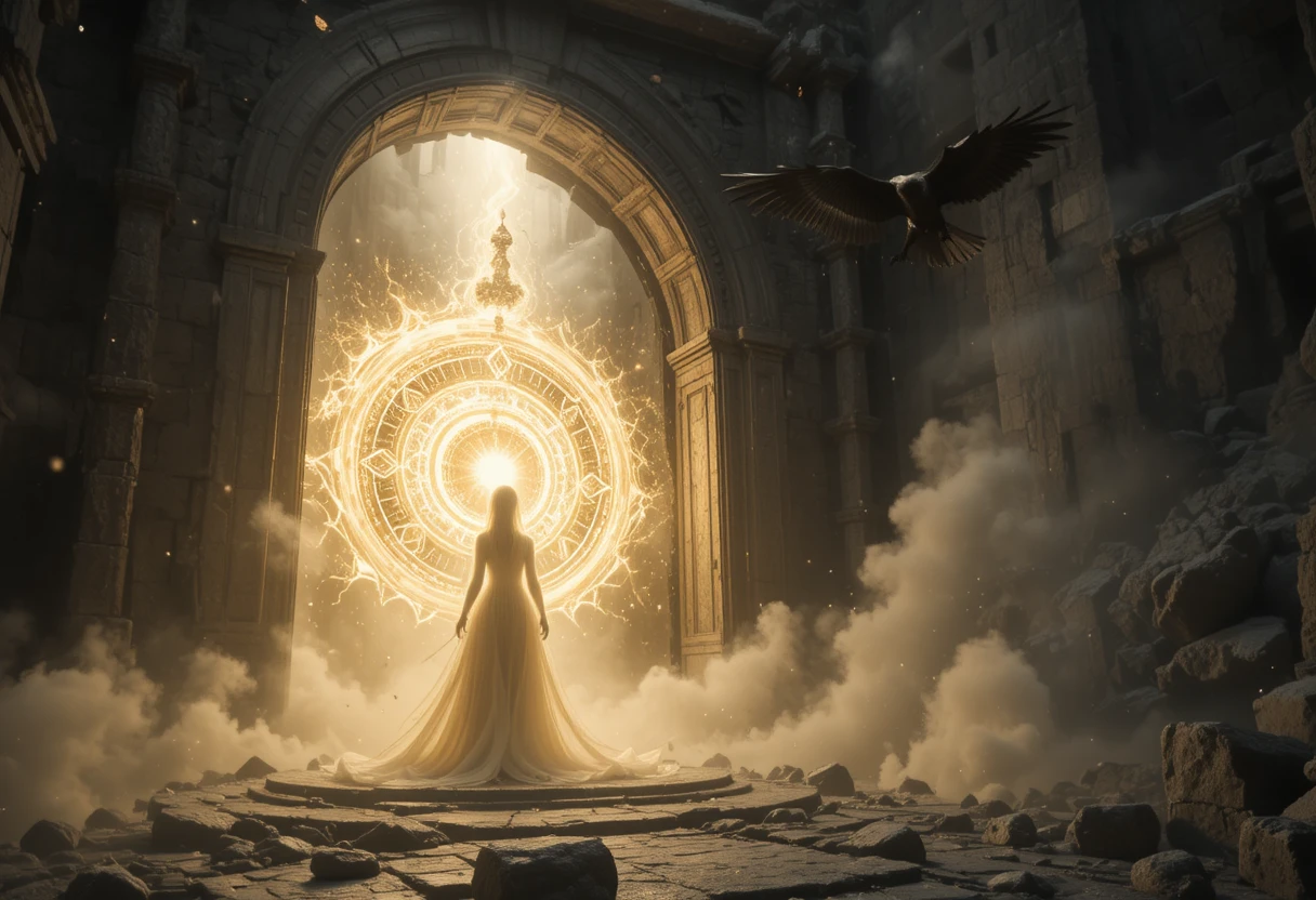 Radiant spirit at a glowing mountain monastery threshold