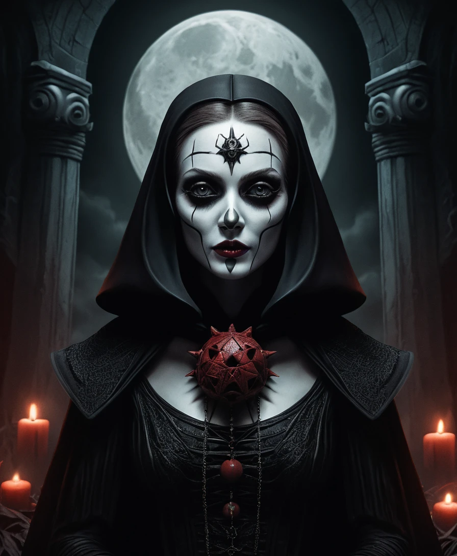 Dark ritual woman in a popsurreal comic horror scene