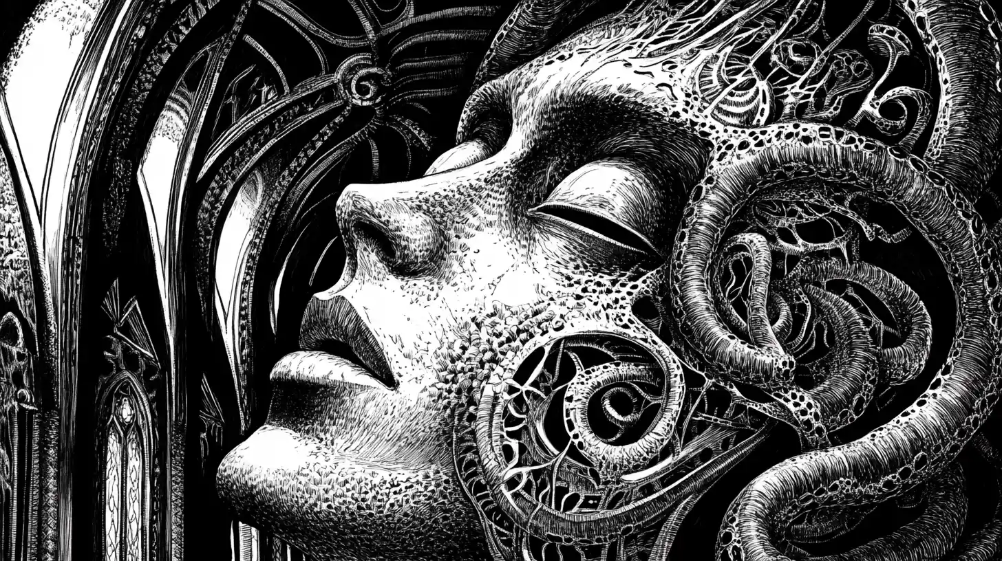 Surreal human face split into gothic architectural interior