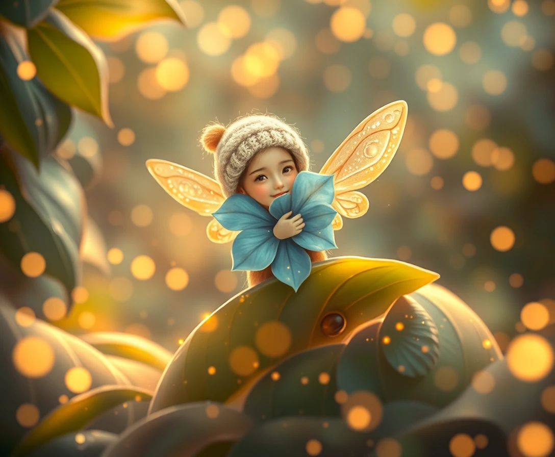 Fairy Hugging A Blue Flower On A Giant Leaf