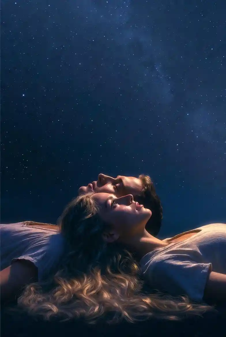 Tender dreamy scene under a sky filled with falling stars