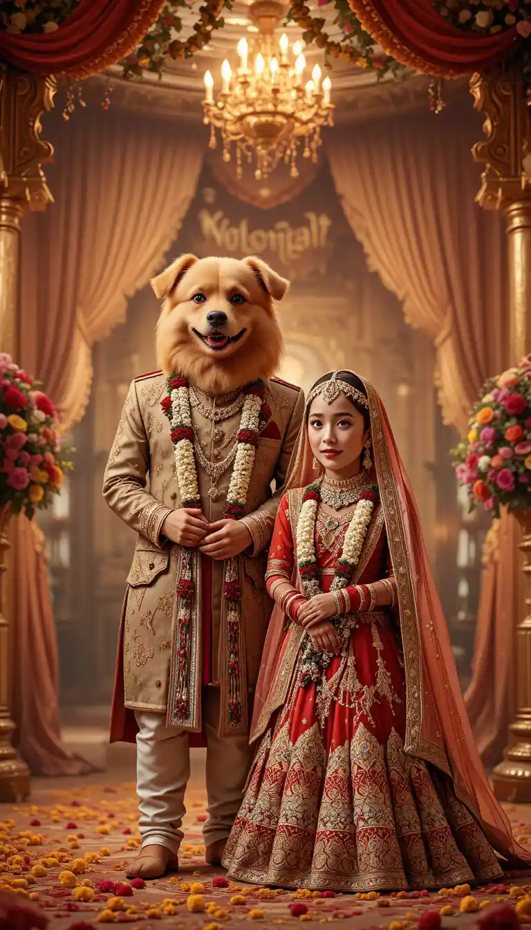 Anthropomorpher Hund als Bräutigam auf einer prunkvollen indischen Hochzeit