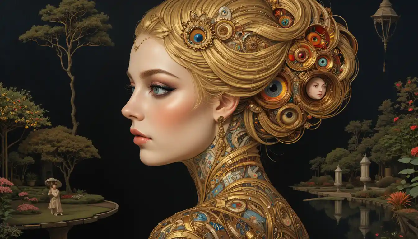 Retrato surreal de mujer con cabello dorado y muchos ojos de colores