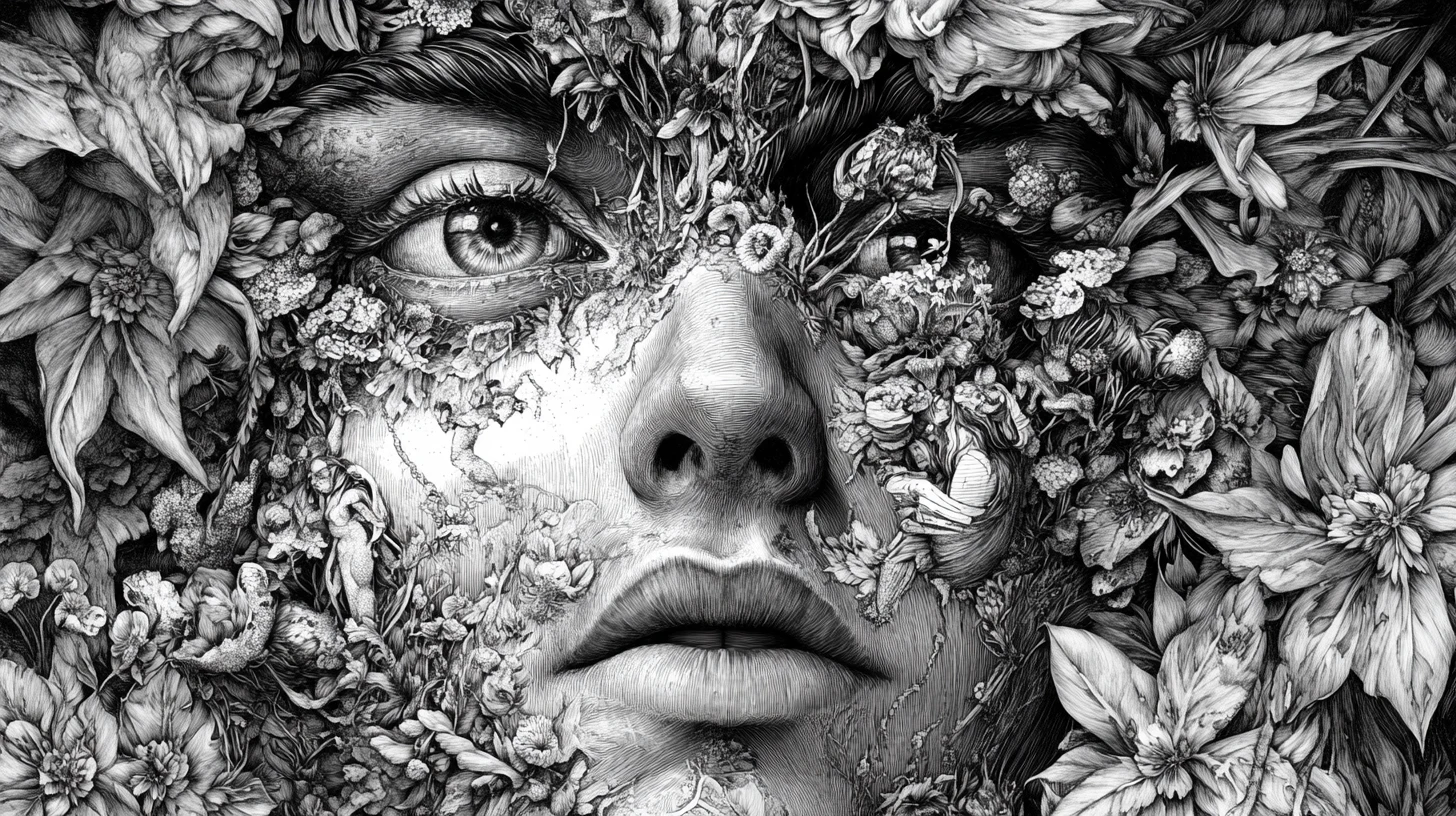 Retrato surrealista a tinta de un rostro fusionado con formas botánicas