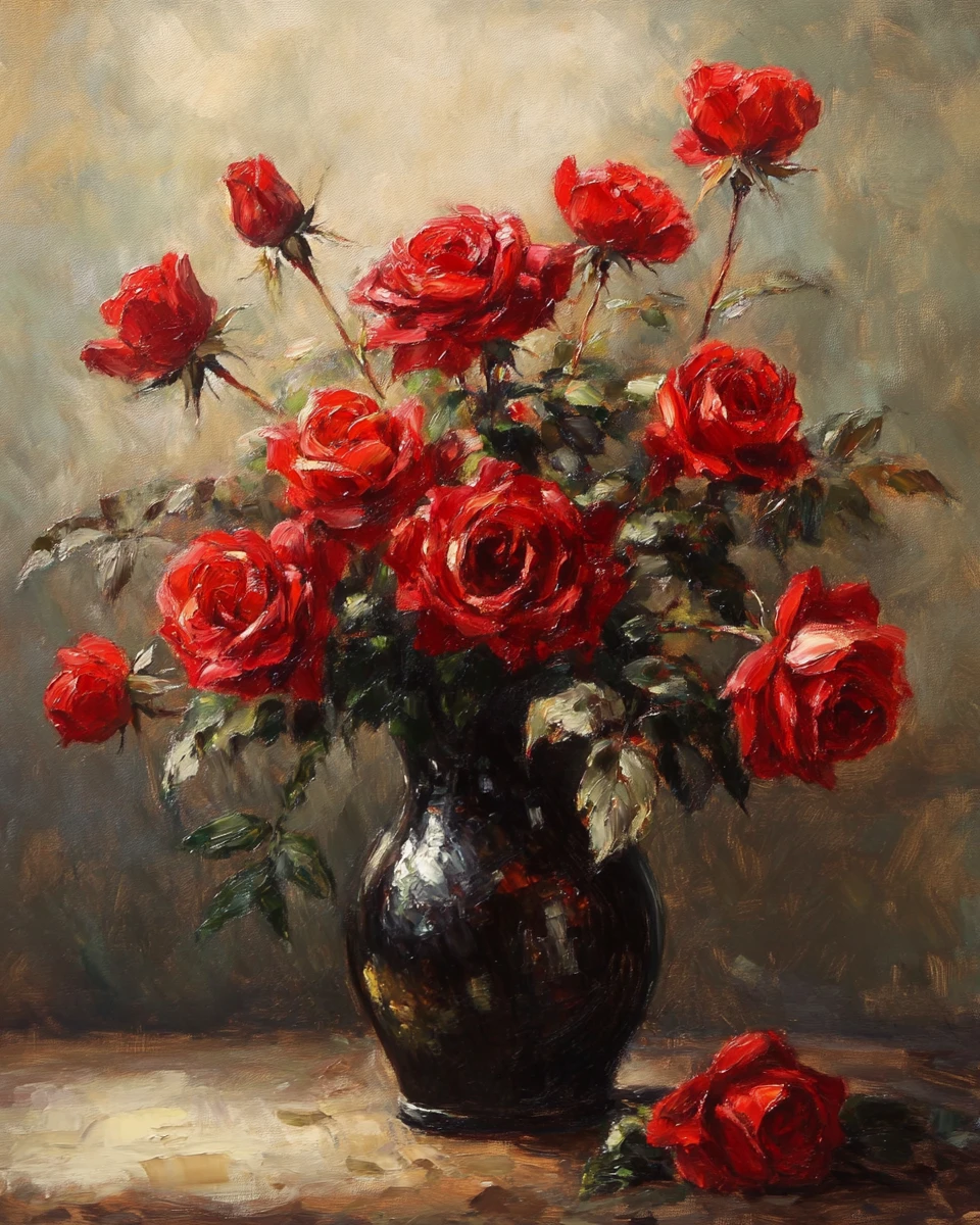 Dipinto a olio atmosferico di rose in stile natura morta