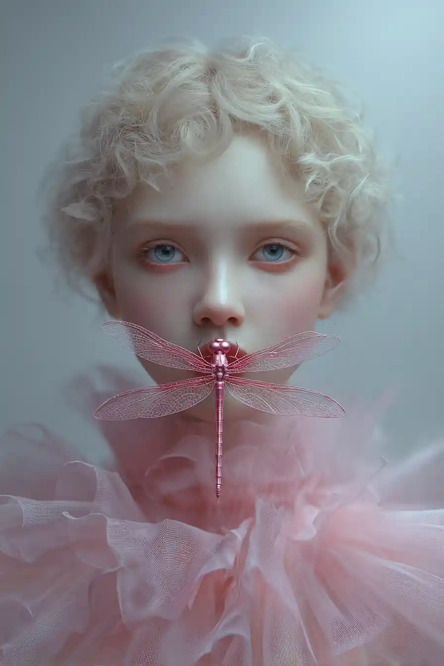 Surreal close up portrait with dragonfly on pink lips