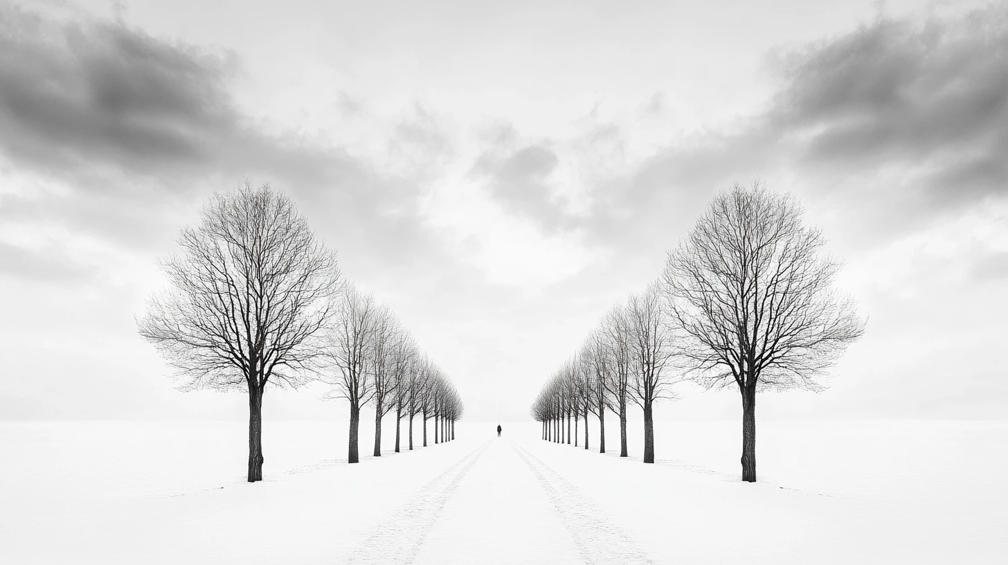 Solitary figure on straight path through barren tree corridor