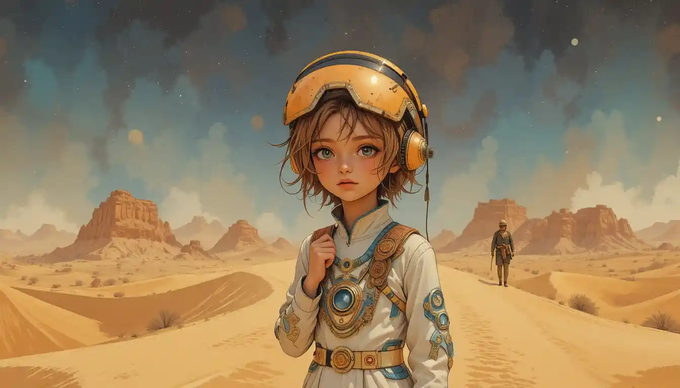 Watercolor 3D boy standing alone in the starry desert night