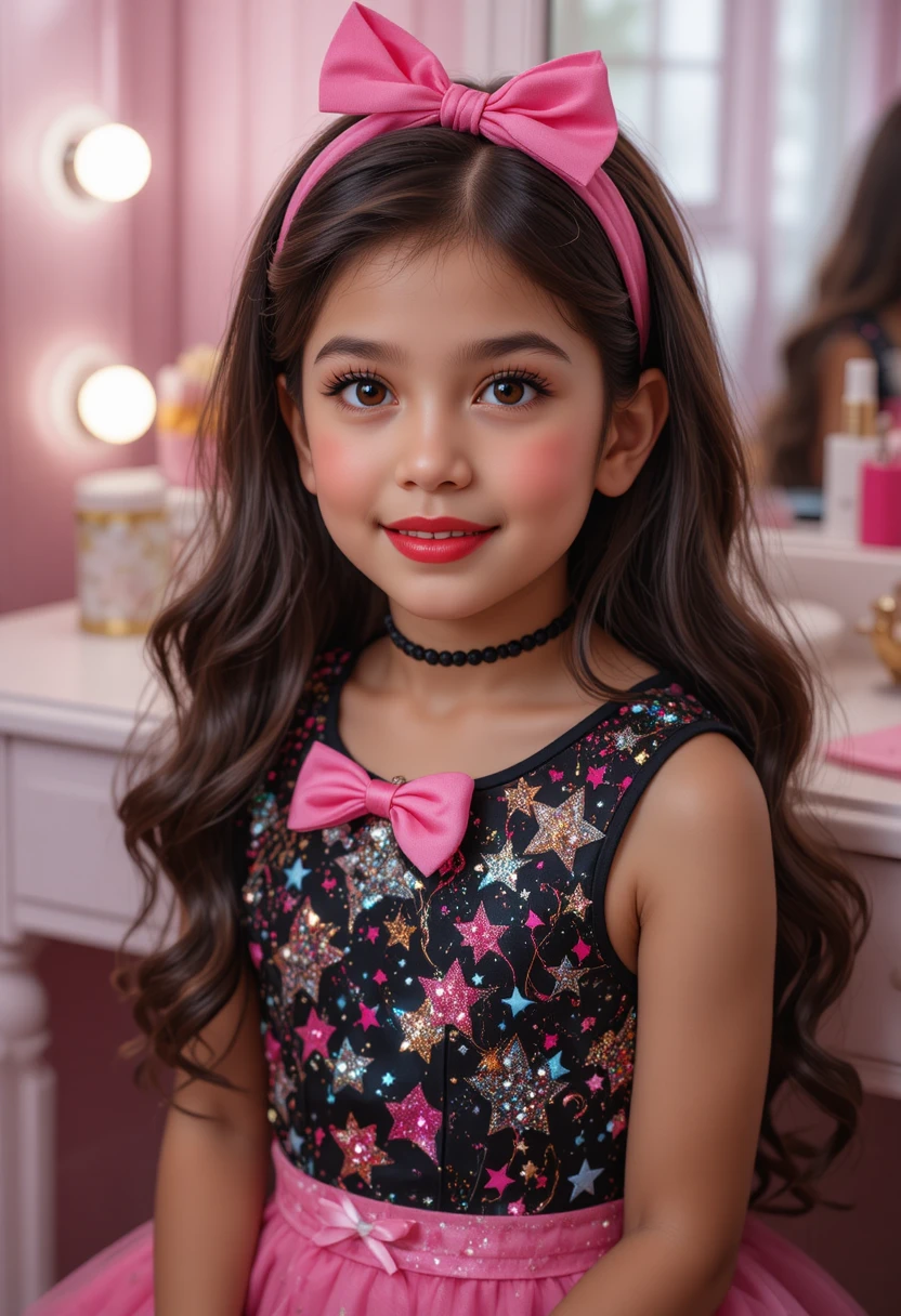 Latino tween in pink star dress posing at vanity table