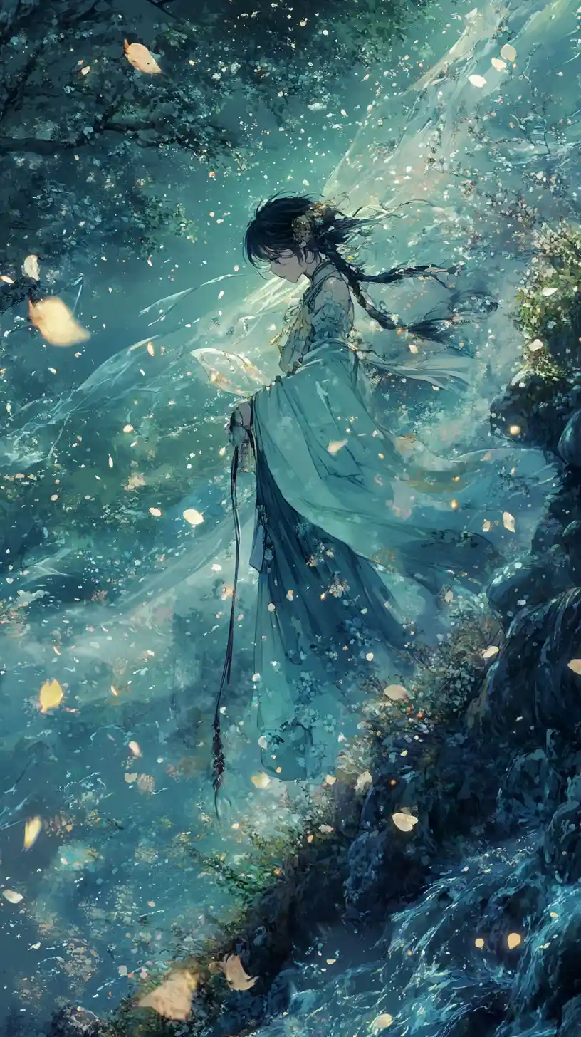 Anime Girl Standing In A Mysterious Fantasy Landscape