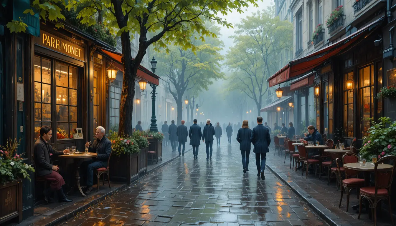 Rainy Parisian cafe on a soft impressionist city street