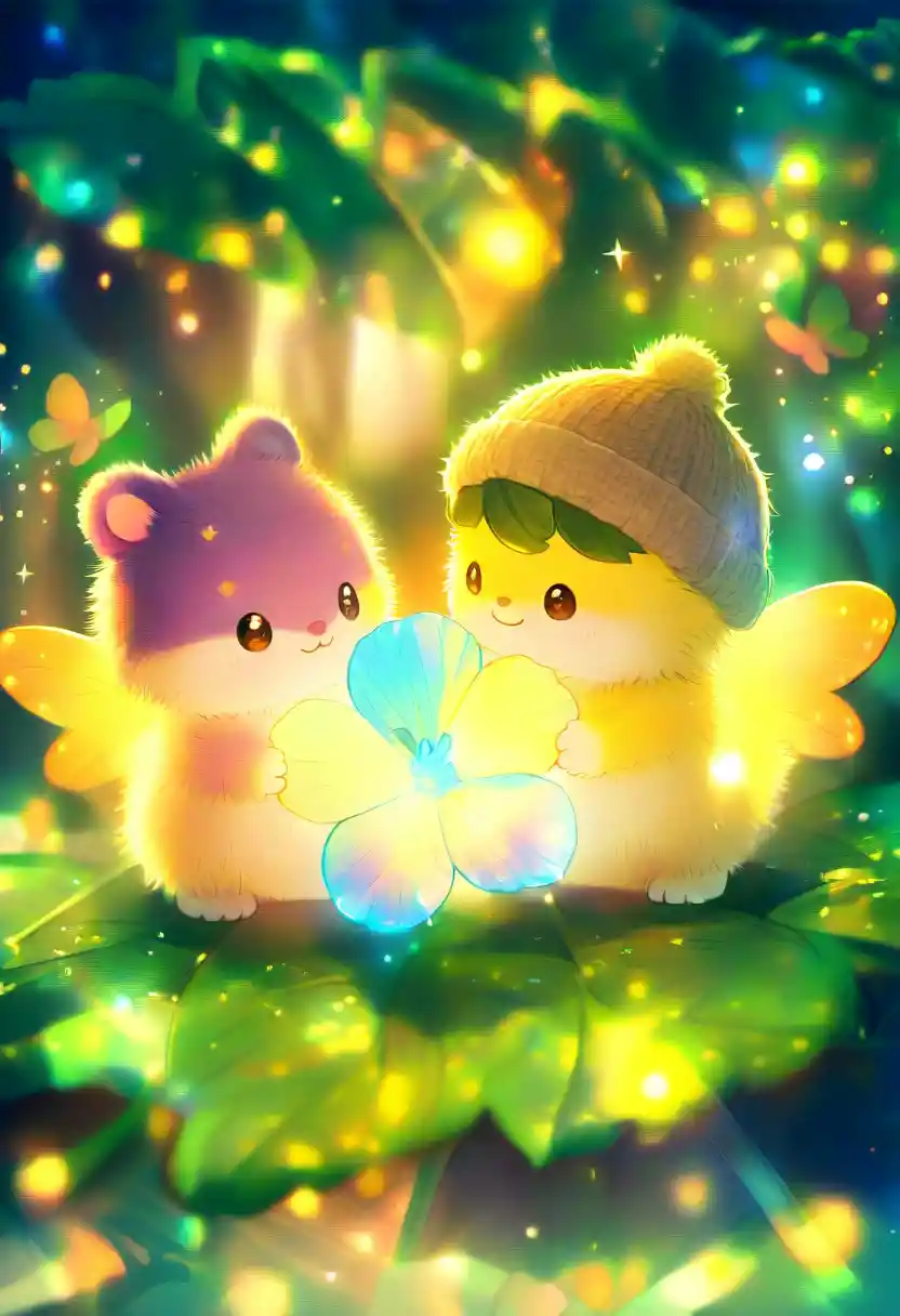 Cute fantasy creatures on a leaf in glowing forest bokeh