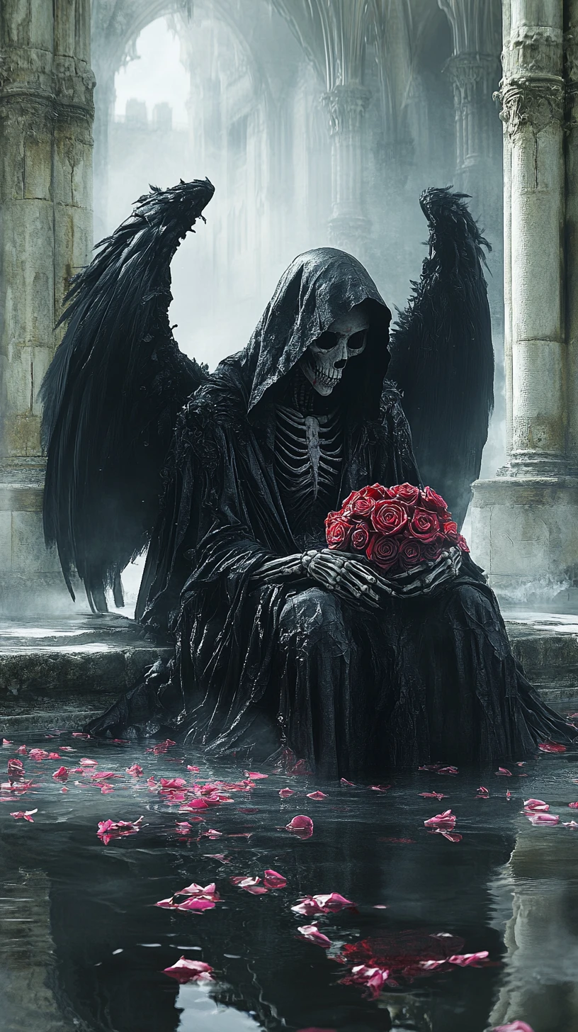 Skeletal oracle with black wings in submerged gothic sanctuary