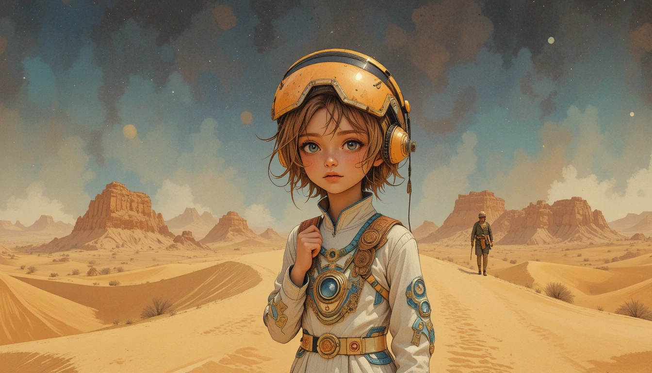 Watercolor 3D boy standing alone in the starry desert night