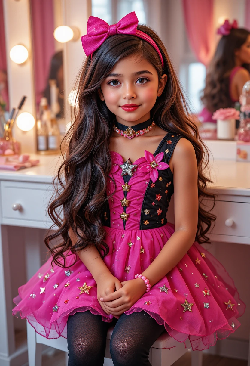 Latino boy in pink star dress posing at a vanity