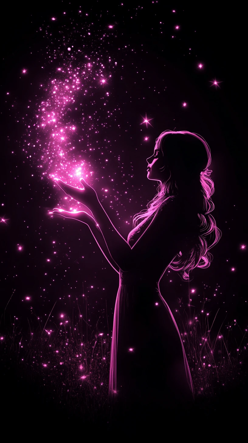 Glowing Fairy Silhouette Releasing Luminous Dust And Fireflies