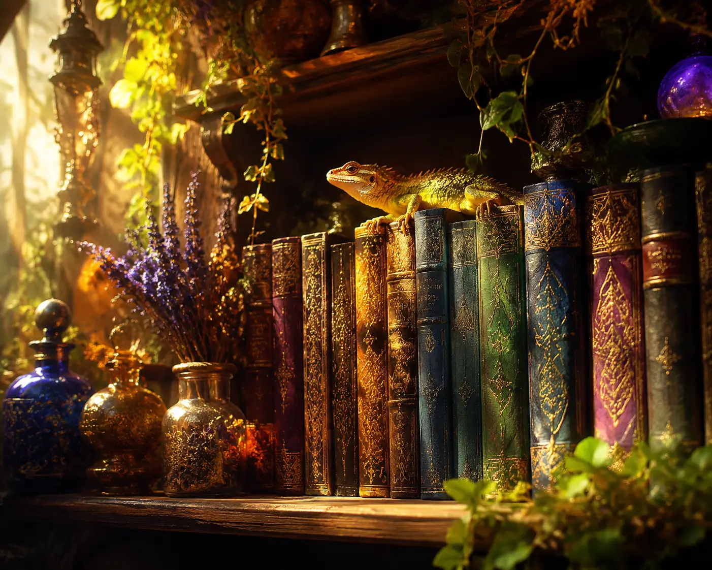 Magical bookshelf of gilded books and herbs in warm sunlight