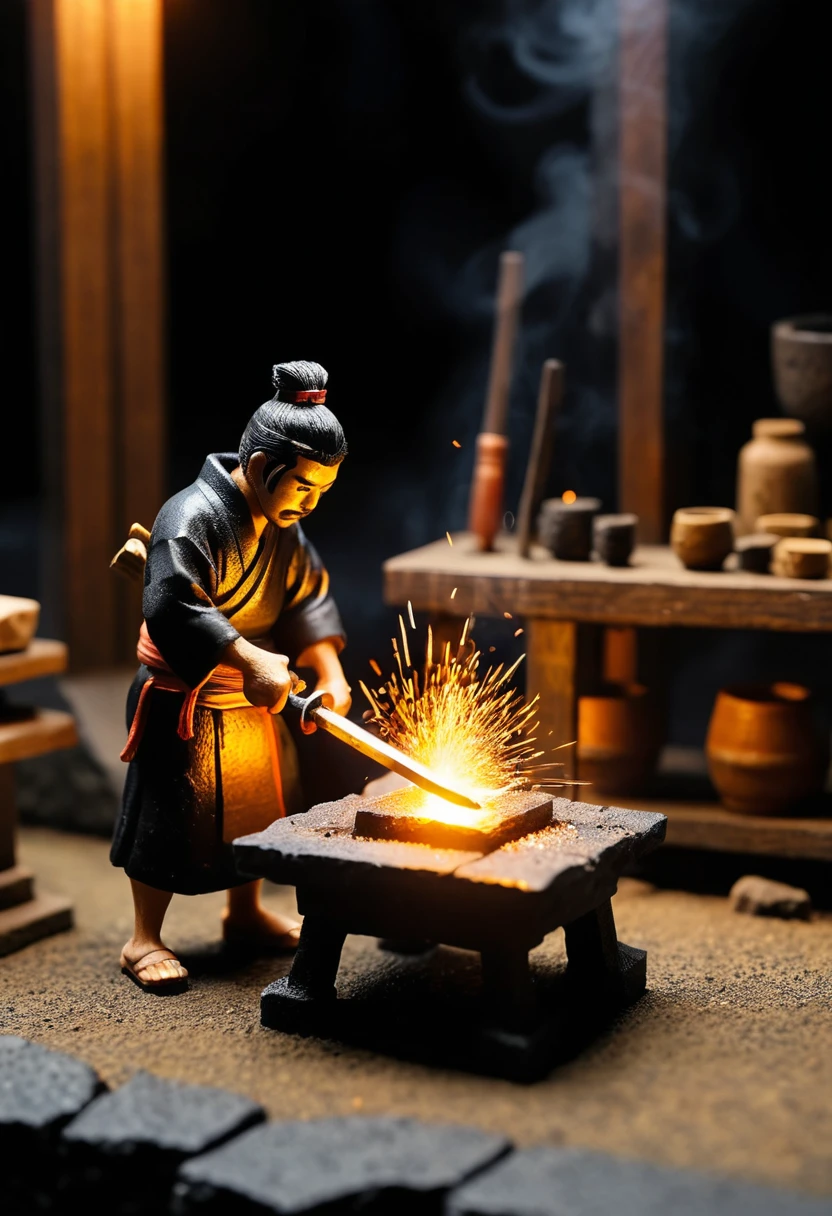 Miniature Japanese forge with glowing steel and sparks