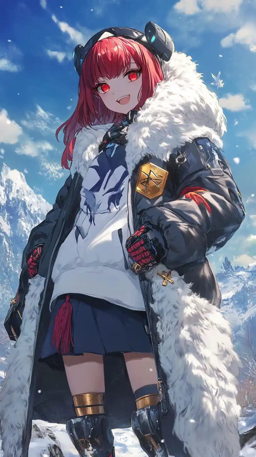 Anime girl standing on a giants hand in icy palace