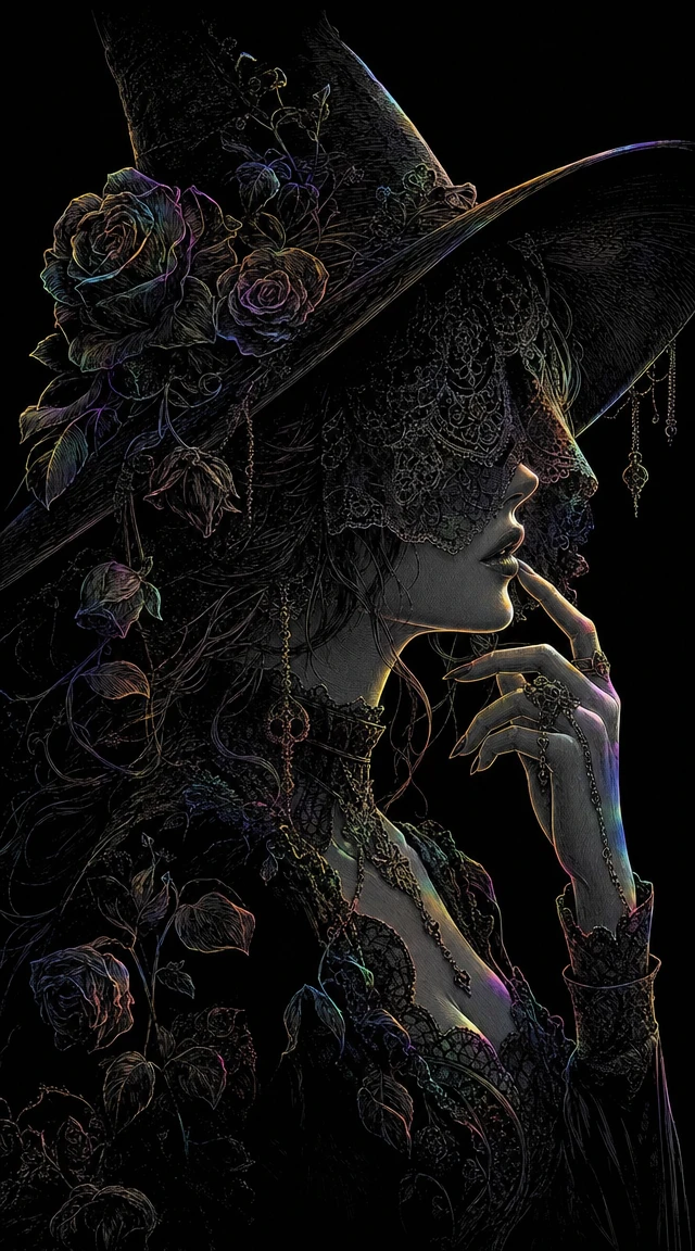 Gothic sorceress in profile with lace veil and roses