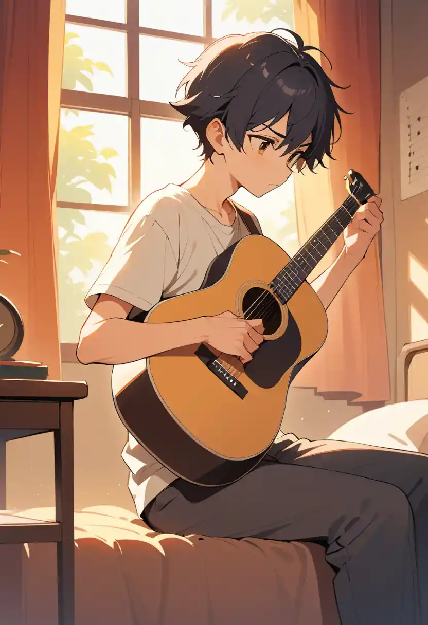 Teenage boy learning guitar on bedroom floor in warm light