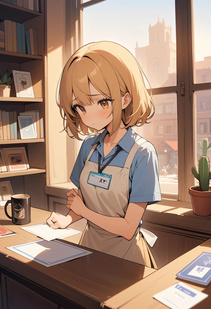 Young woman removing her name tag in a quiet bookstore