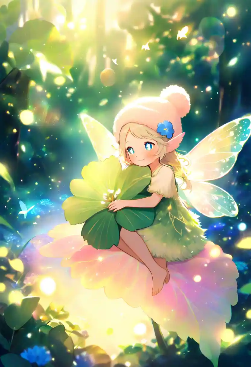 Tiny fairy hugging a blue flower in glowing forest bokeh