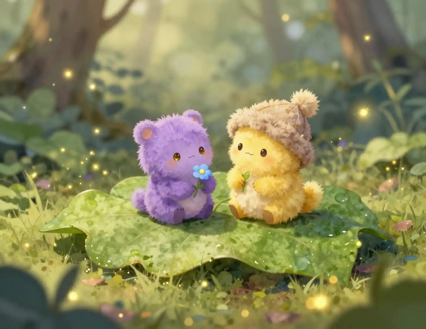 Tiny fantasy creatures on a leaf in glowing forest
