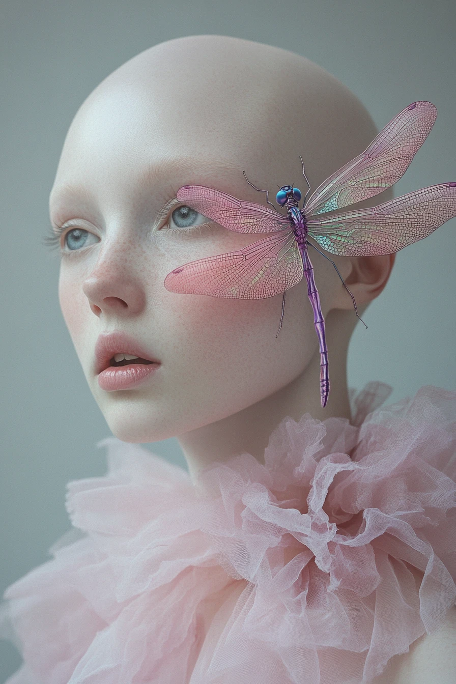Surreal woman with dragonfly on lips in soft close up