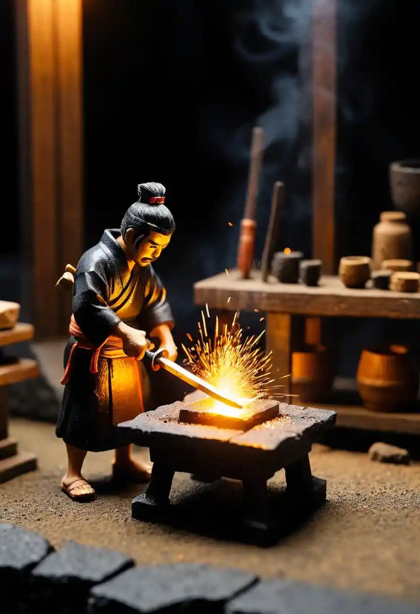 Miniature Japanese forge with glowing steel and sparks