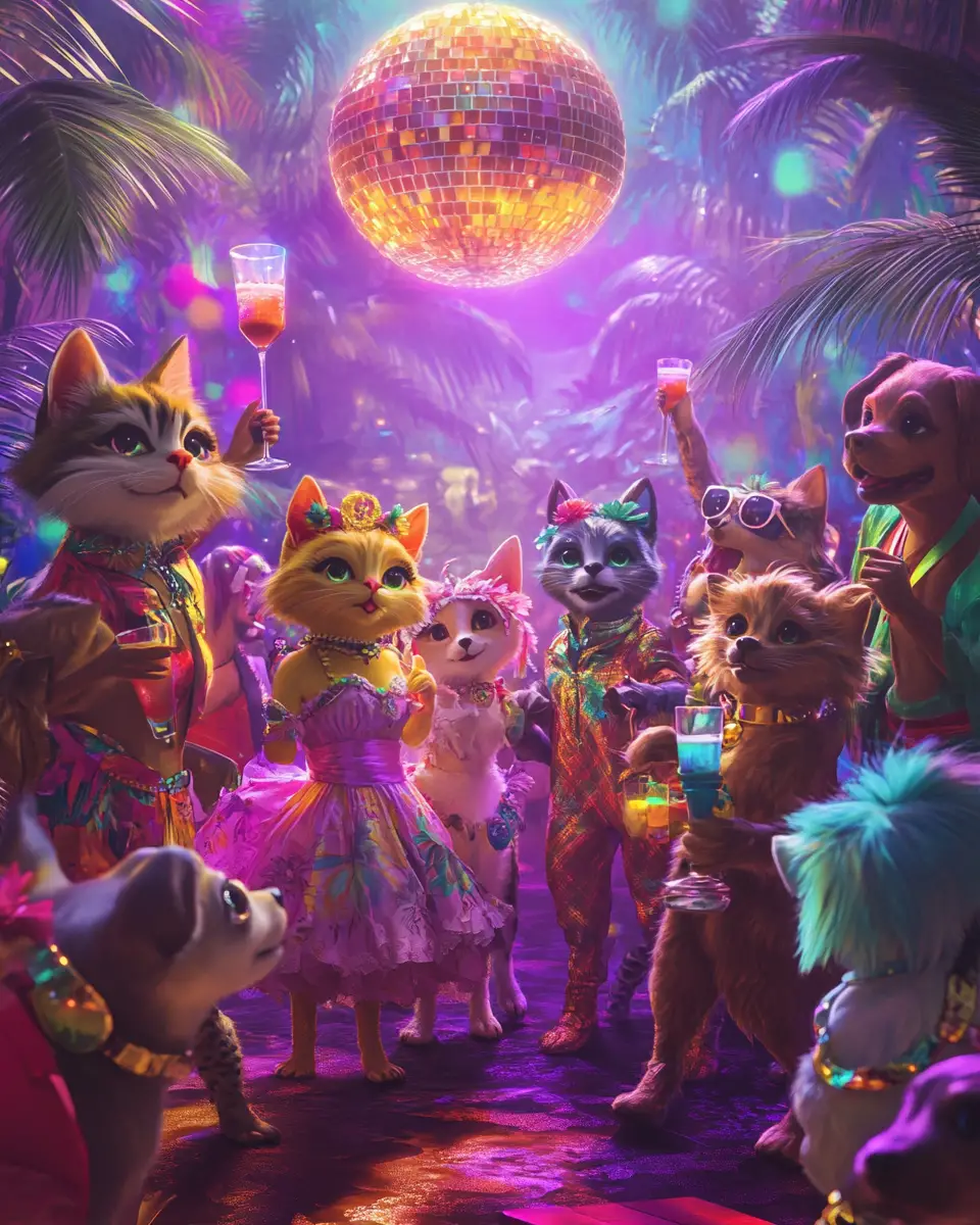 Gatos e cães antropomórficos dançando em uma discoteca tropical